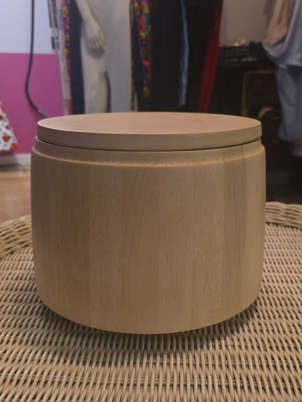 Vintage Dansk Natural Wood Lidded Ice Bucket- Light Cream Finish
